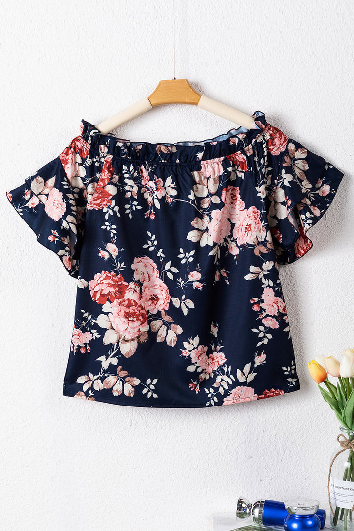 Ruffle Off Shoulder Flounce Sleeve Floral Blouse