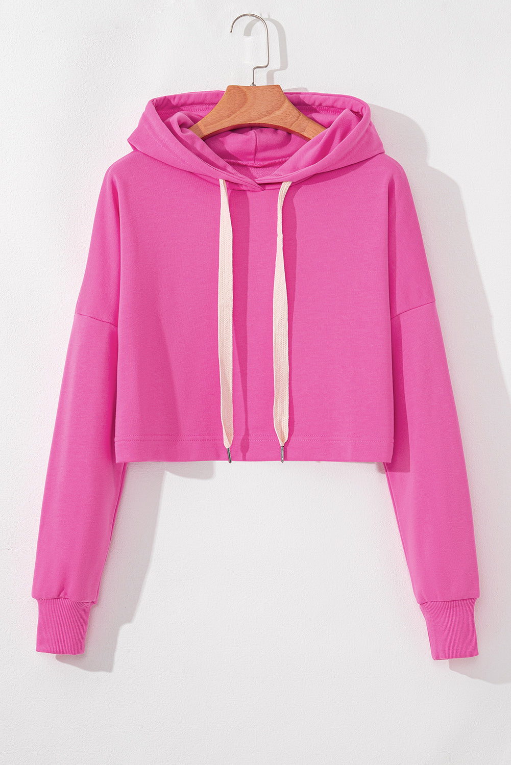 Solid Drop Shoulder Drawstring Cropped Hoodie