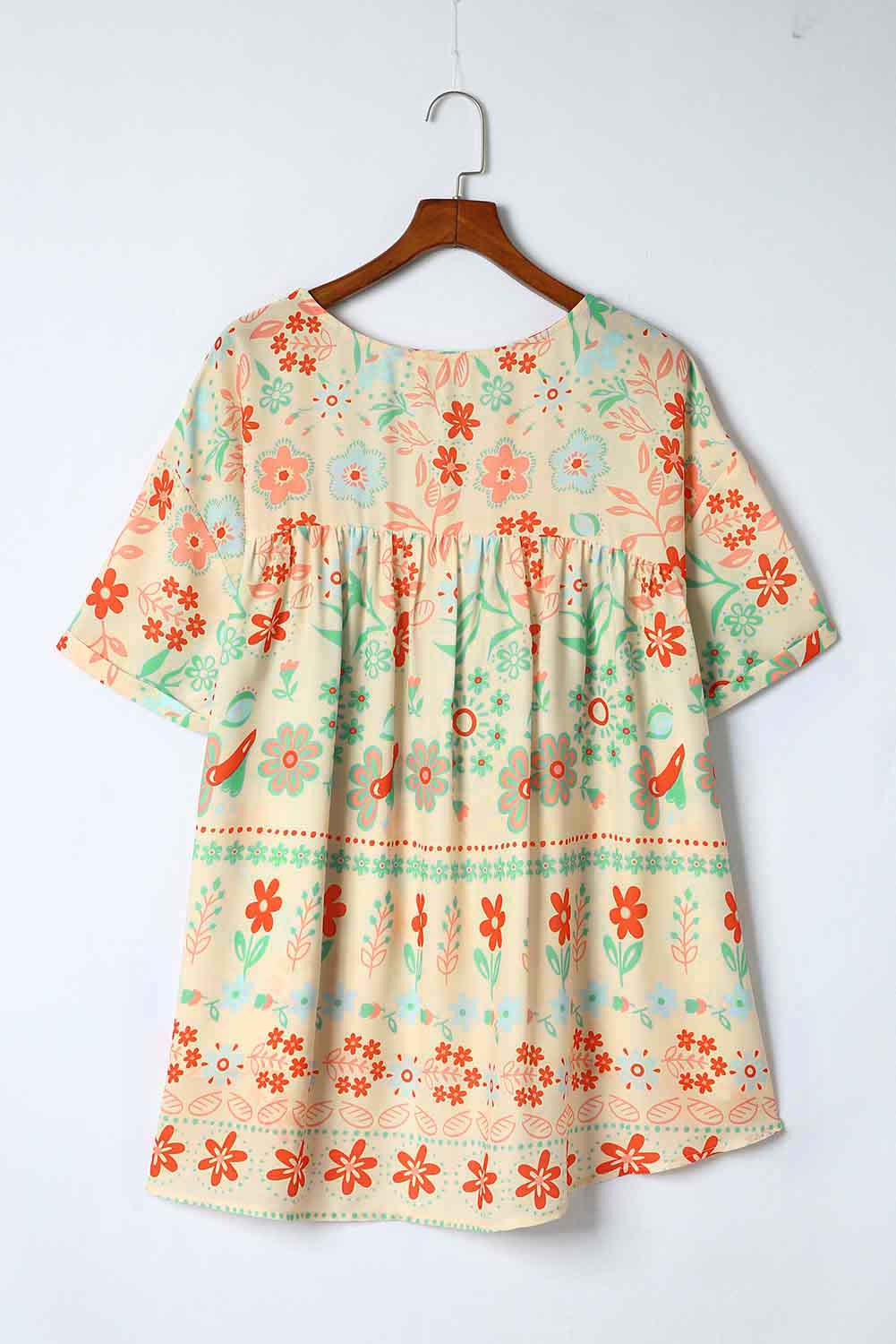 Ethnic Floral Print Rolled Sleeve Babydoll Top