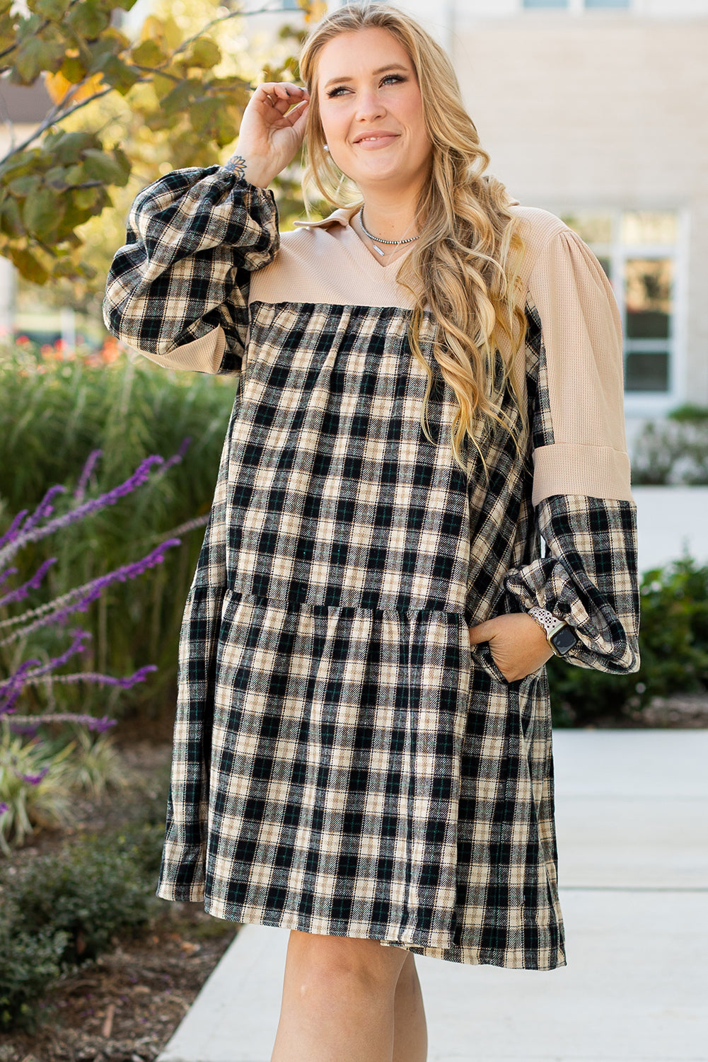 Plaid Waffle Knit Patchwork Collared V Neck Plus Size Mini Dress