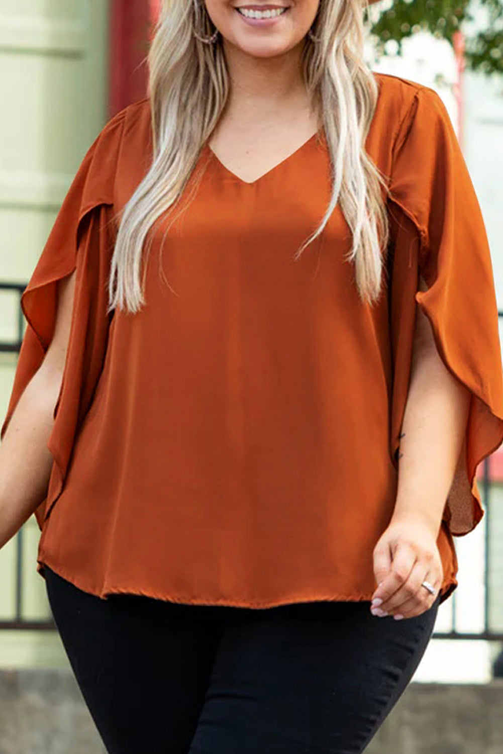 Plus Size Solid Wrapped Ruffled Sleeve V Neck Blouse