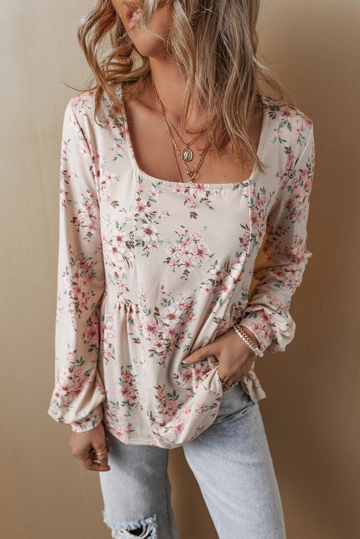 Floral Print Pleated U Neck Loose Fit Blouse