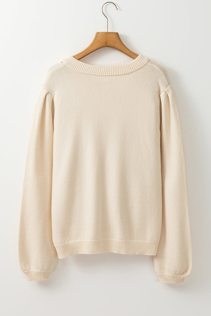 Pleated Sleeve Hollow Detail Button Sweater Cardigan