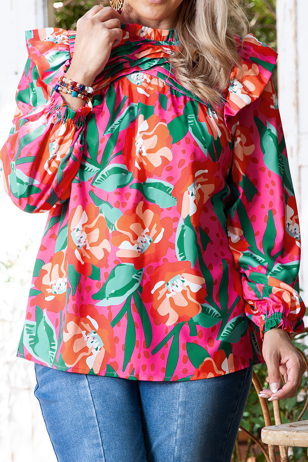 Floral Print Pleated Ruffled O Neck Plus Size Blouse