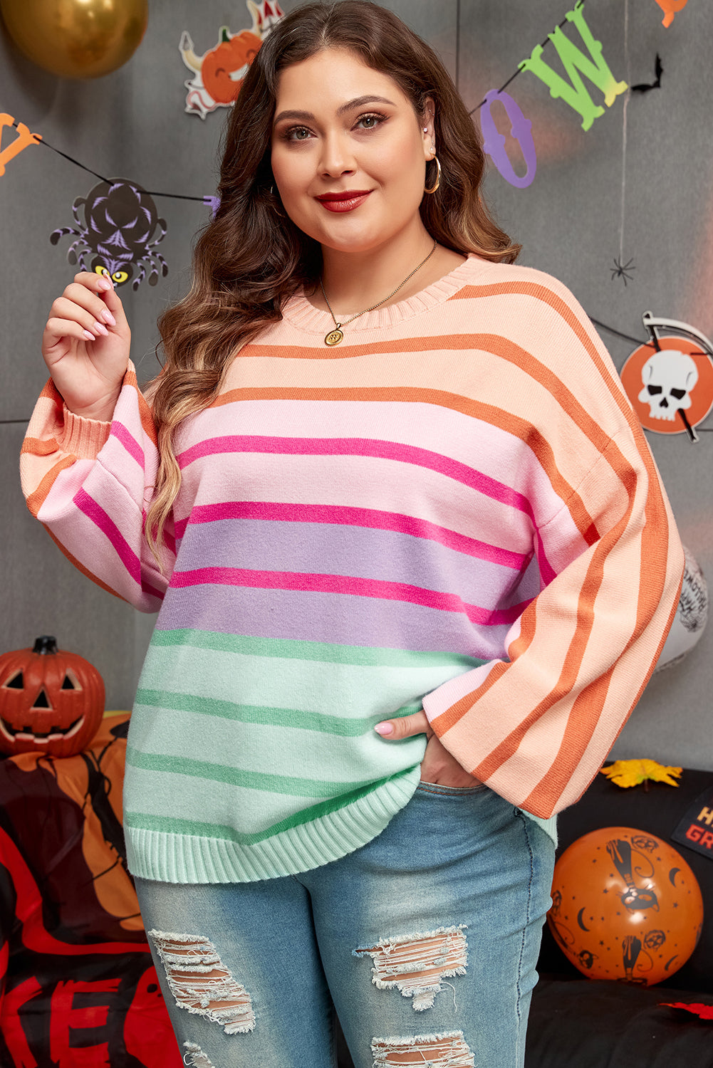 Color Block Balloon Sleeve Crewneck Plus Size Sweater