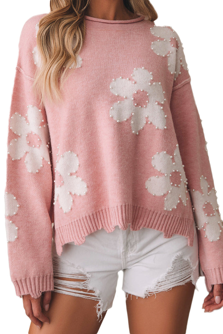 Pearl Beaded Floral Drop Shoulder Sweater