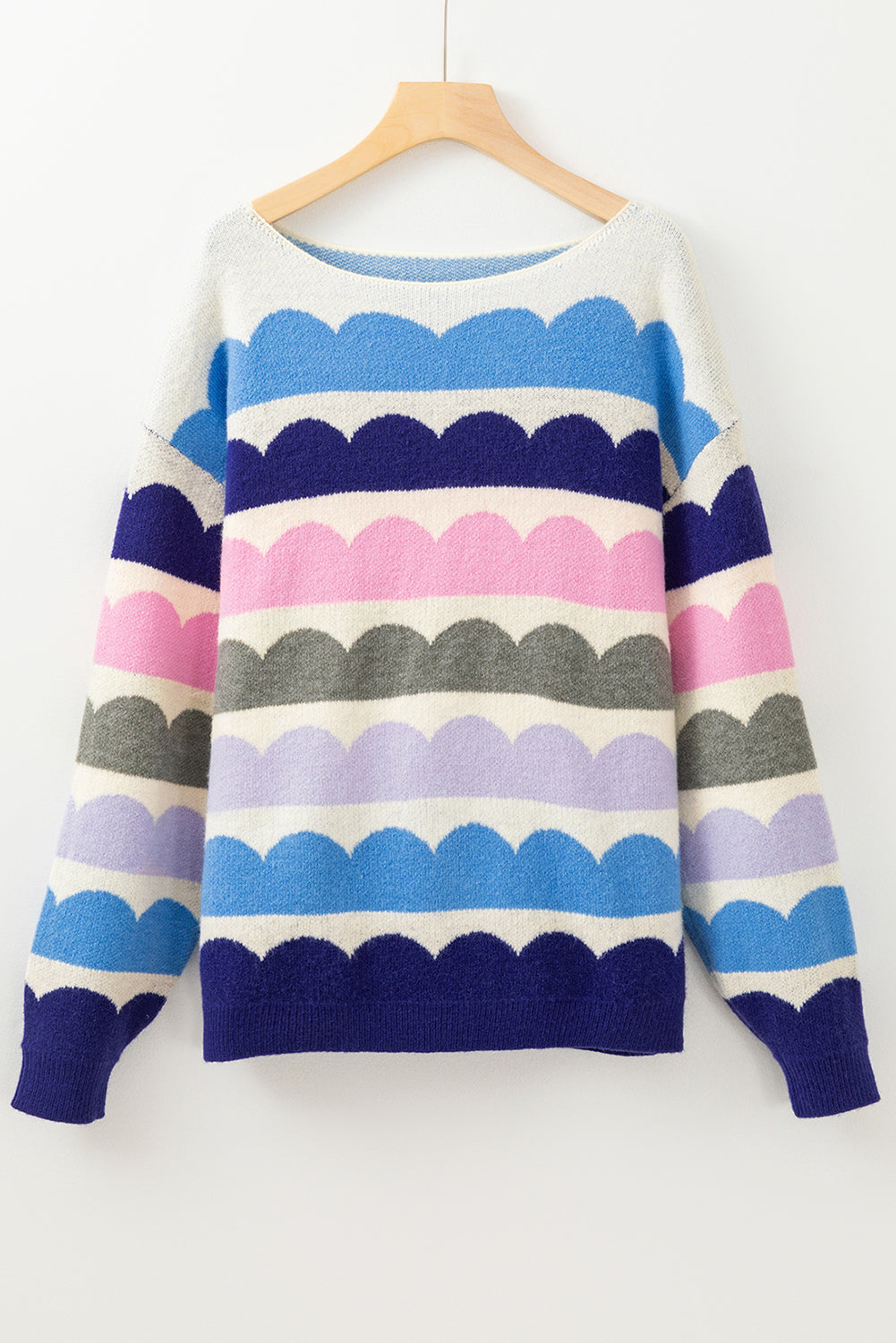 Wave Striped Balloon Sleeve Drop Shoulder Sweater