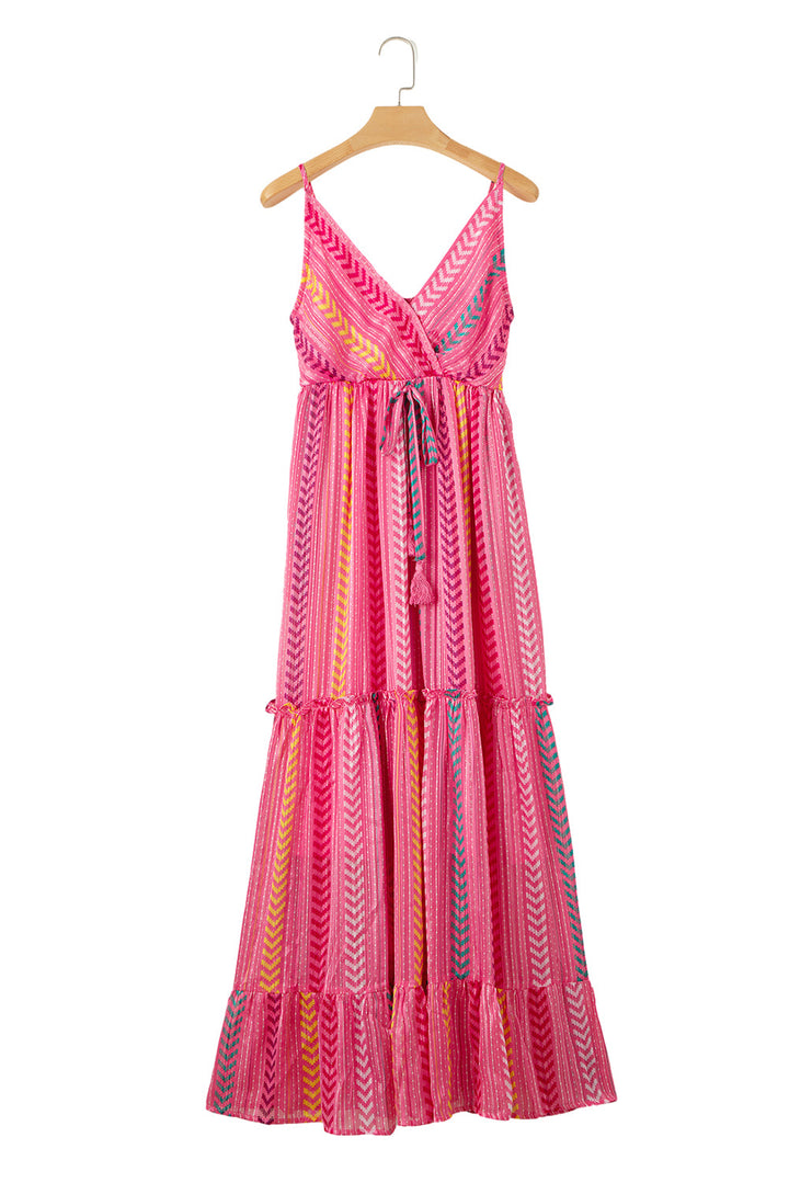 Western Printed Tassel Tie V Neck Wrap Maxi Dress