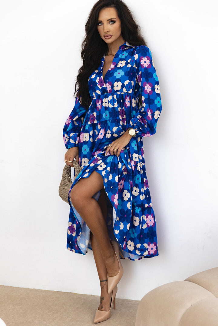 Floral Peasant Sleeve Tiered Ruffle Midi Dress