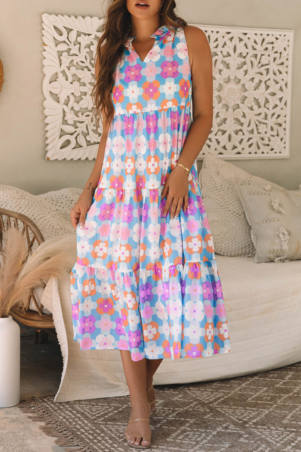 Floral Print Frilly Neck Sleeveless Tiered Maxi Dress