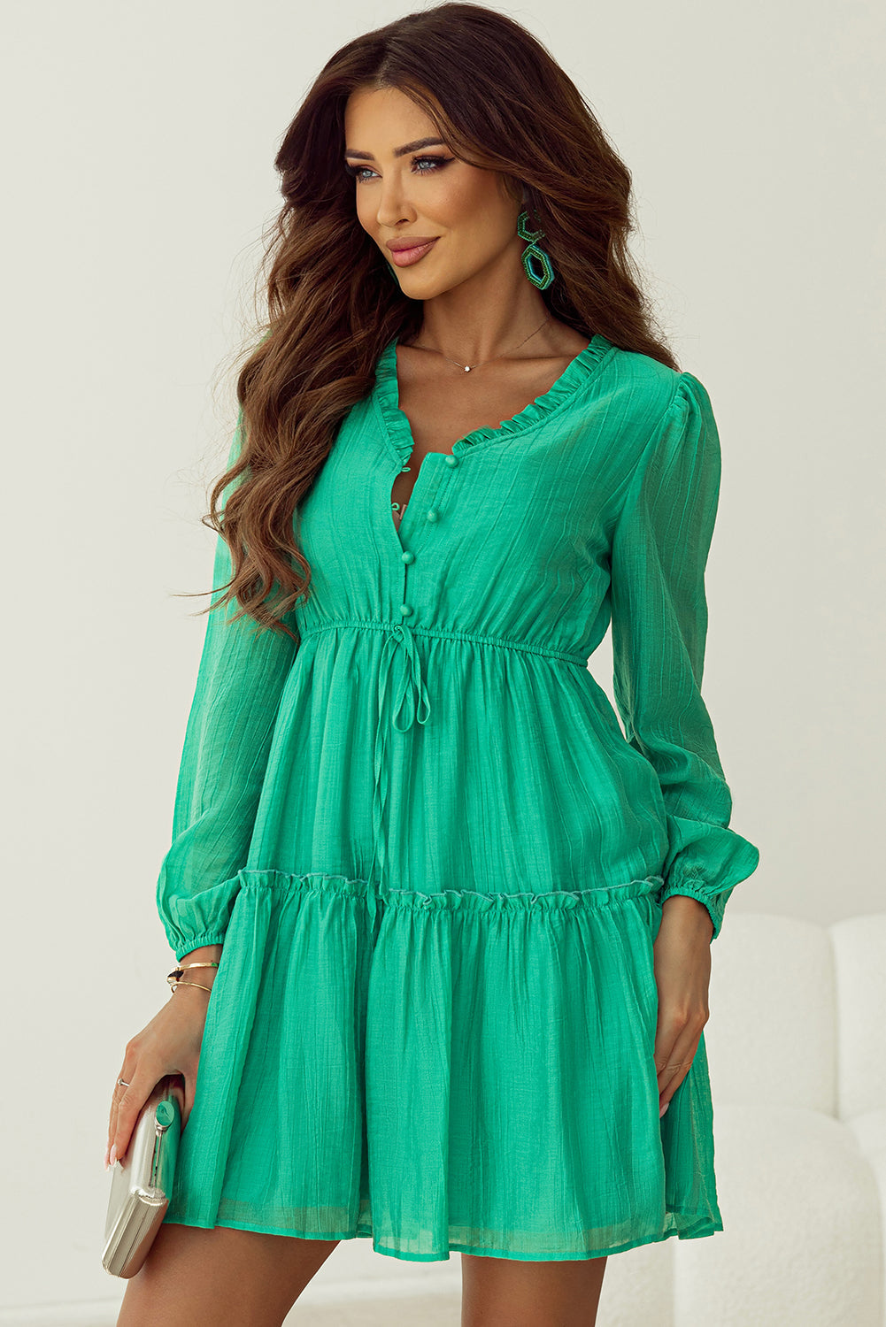 Frilly V Neck Puff Sleeve Drawstring Shift Mini Dress