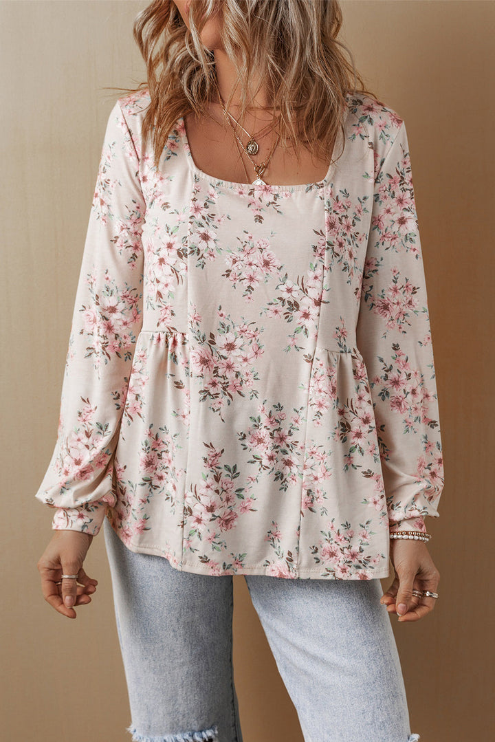 Floral Print Pleated U Neck Loose Fit Blouse