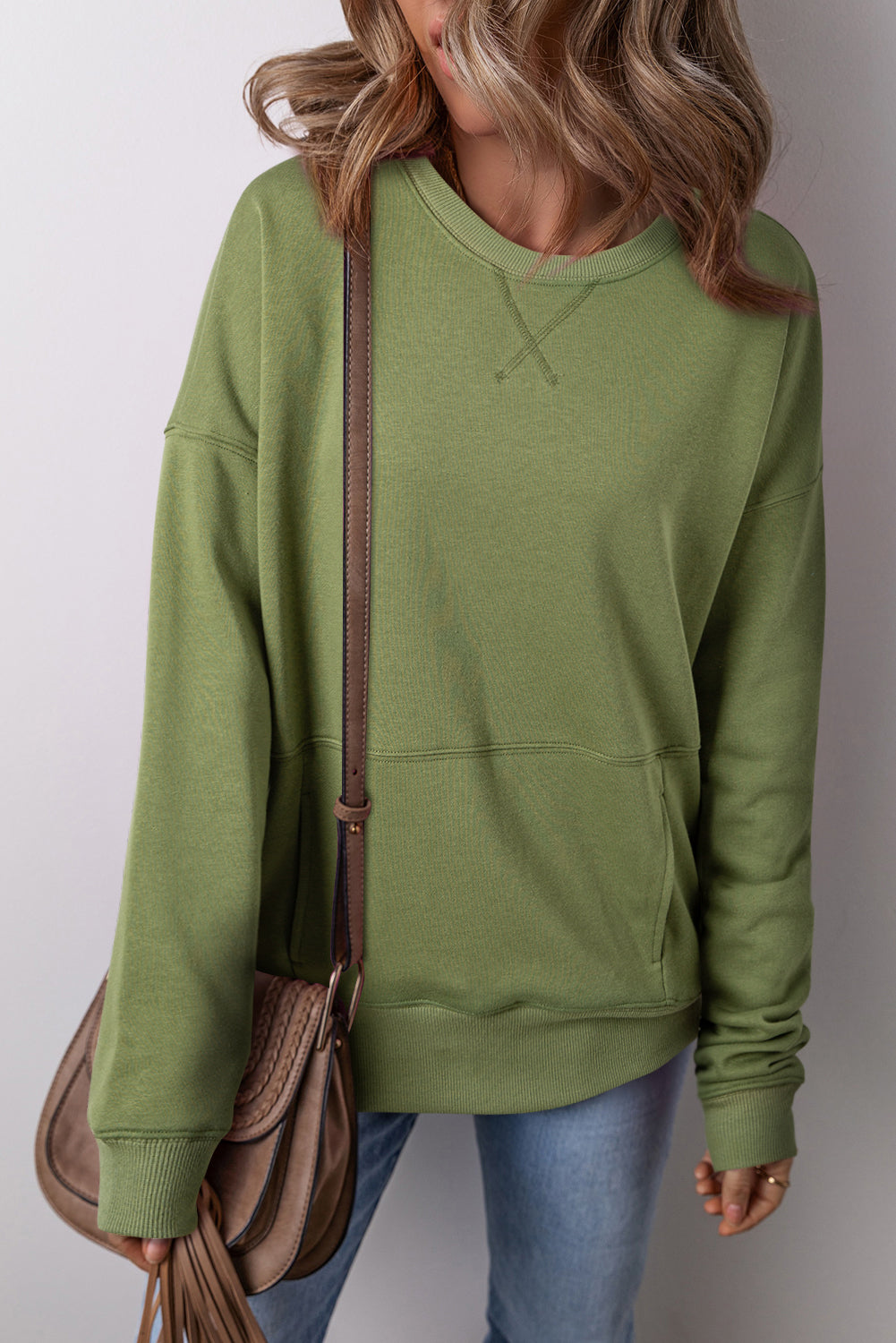 Drop Shoulder Crisscross Stitching Pocketed Loose Sweatshirt