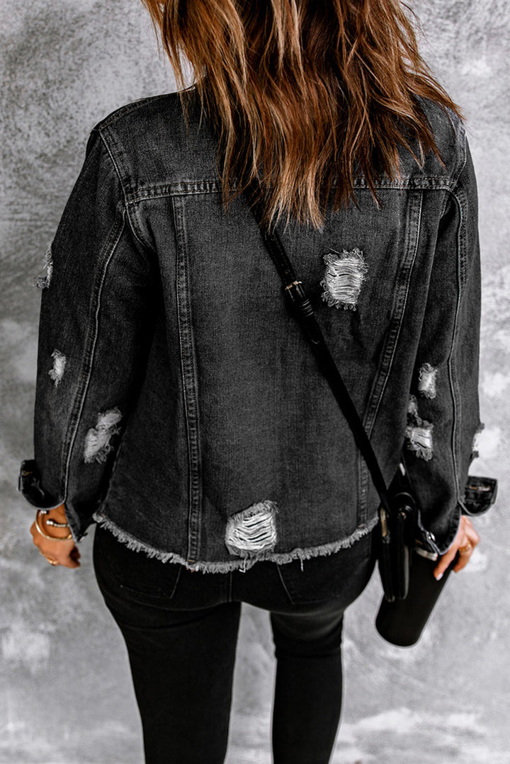 Jeansjacke mit Revers, Distressed-Optik und unverarbeitetem Saum