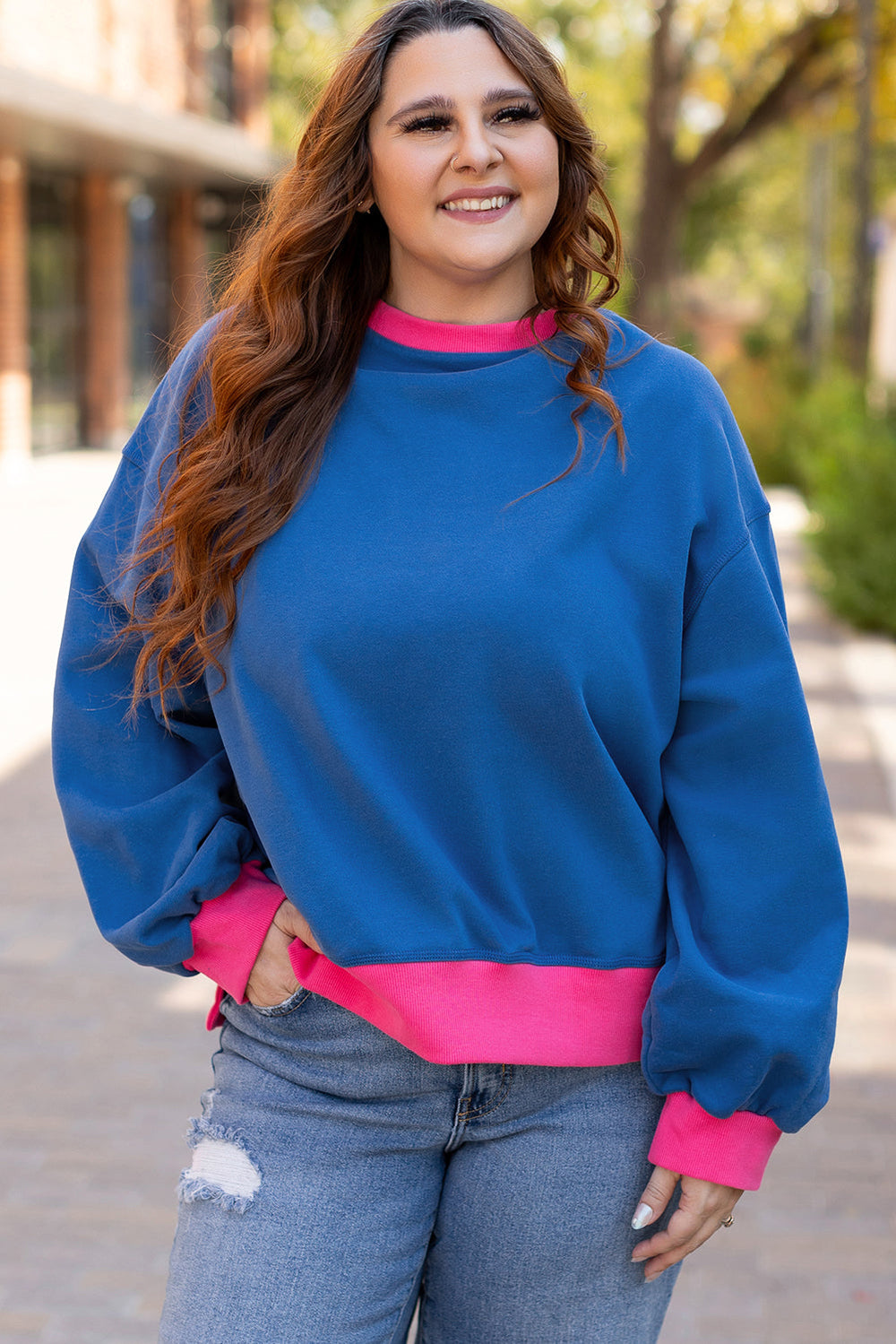 Color Block Edge Balloon Sleeve Plus Size Sweatshirt