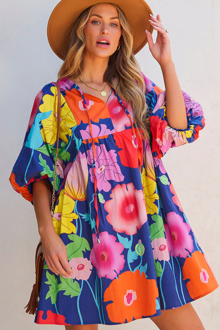 Floral Print Split Neck Babydoll Dress