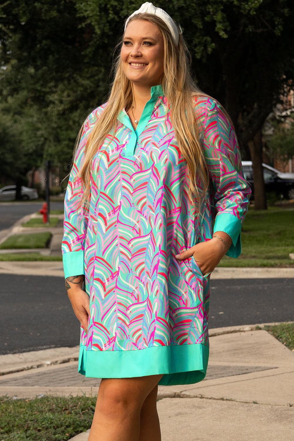 Plus Size Palm Pattern Long Sleeve Shift Dress