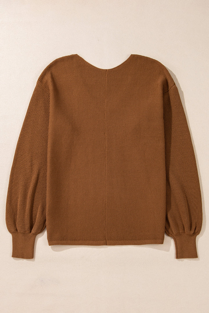 Ribbed Knit Drop Sleeve V Neck Loose Fit Sweater