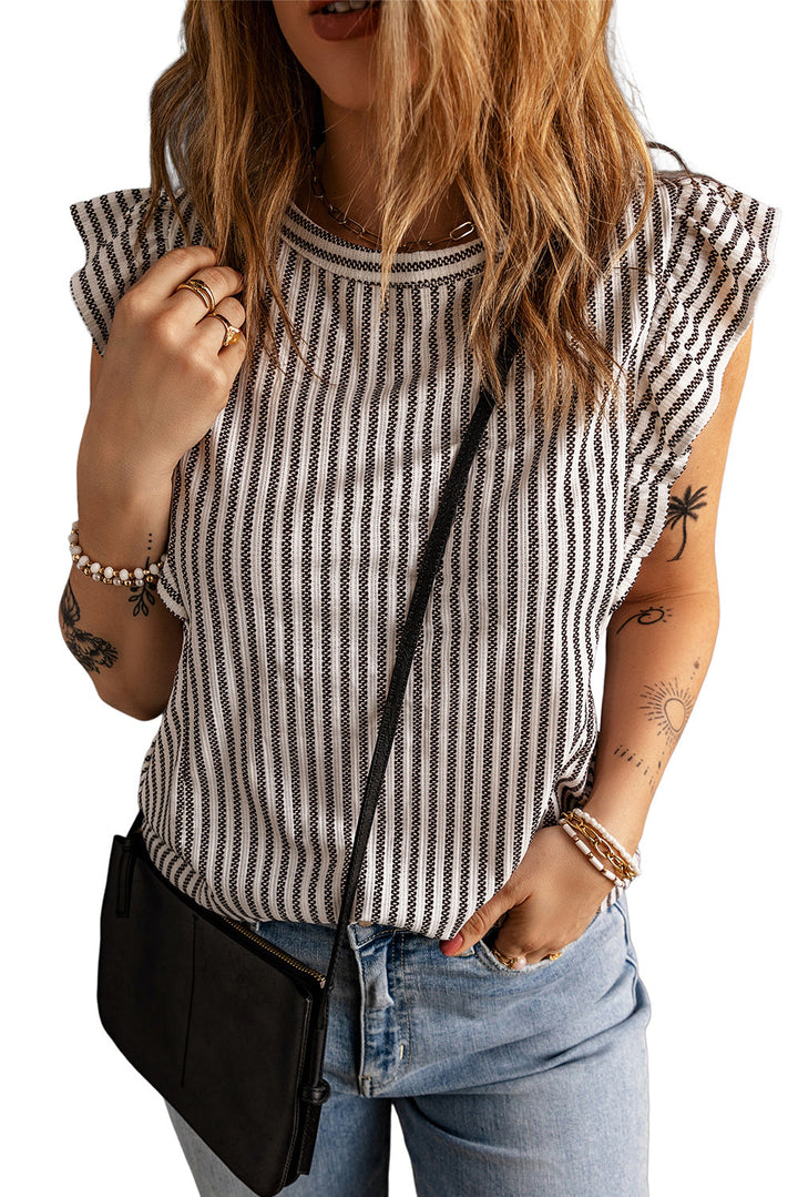 Crew Neck Ruffled Striped Tank Top