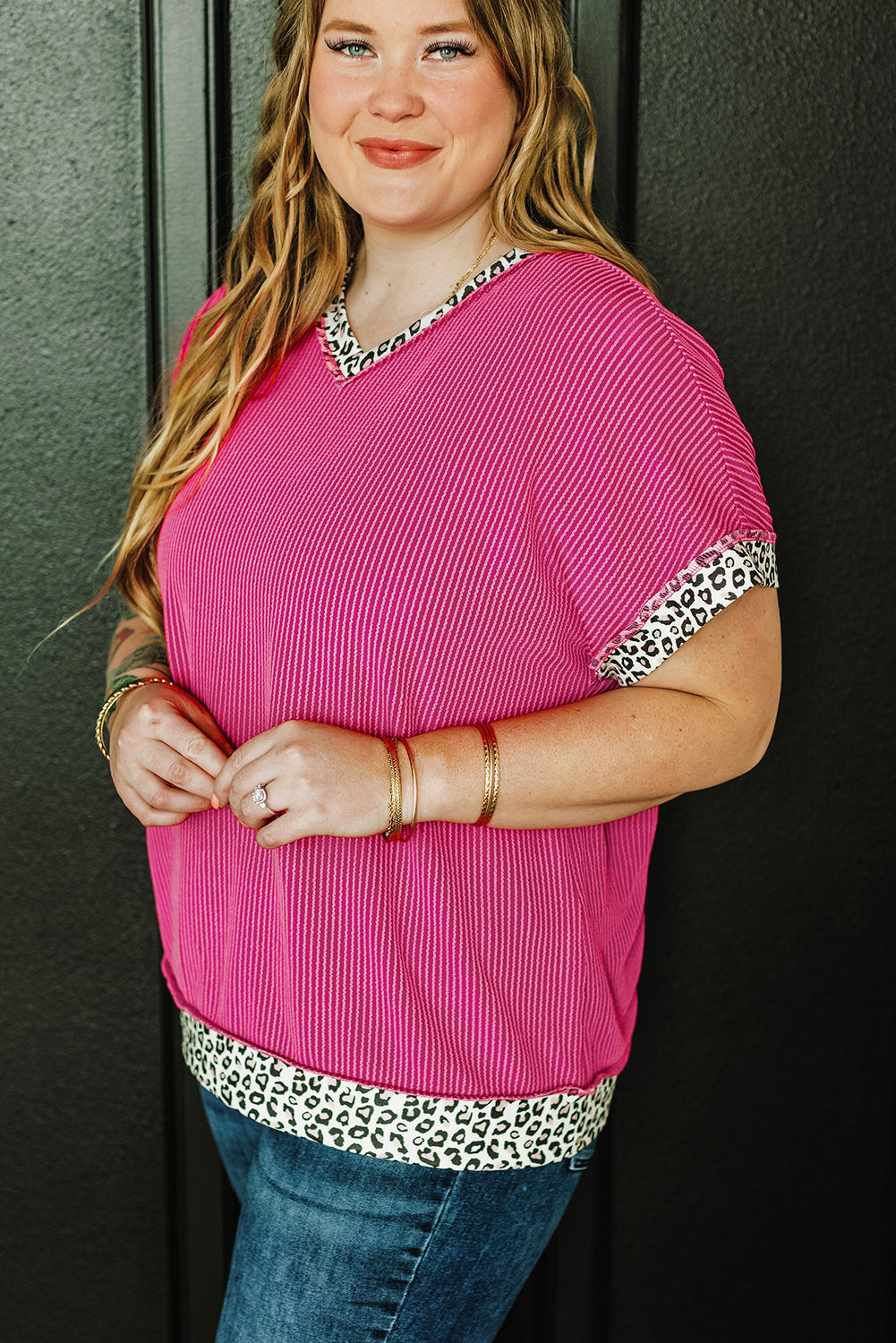 Leopard Trim V Neck Short Sleeve Plus Size Corded Top