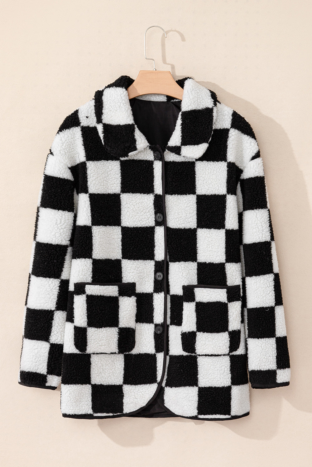 Checkered Side Pockets Collared Buttoned Fleece Jacket