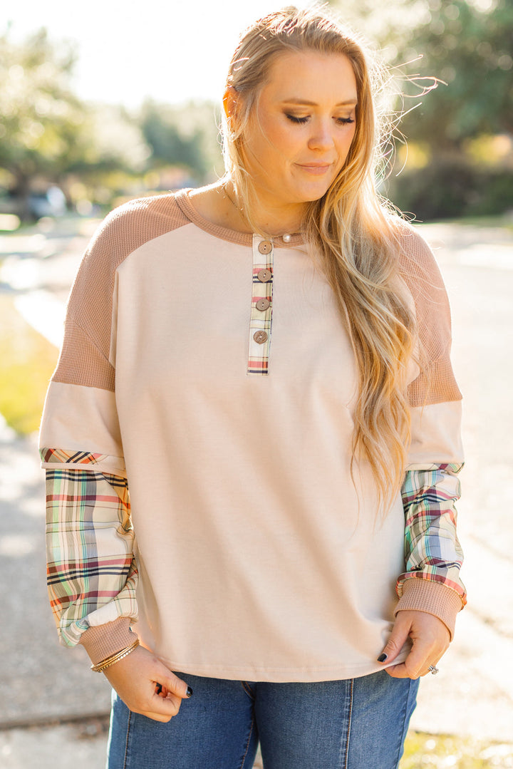 Plus Size Plaid Patchwork Layered Henley Top