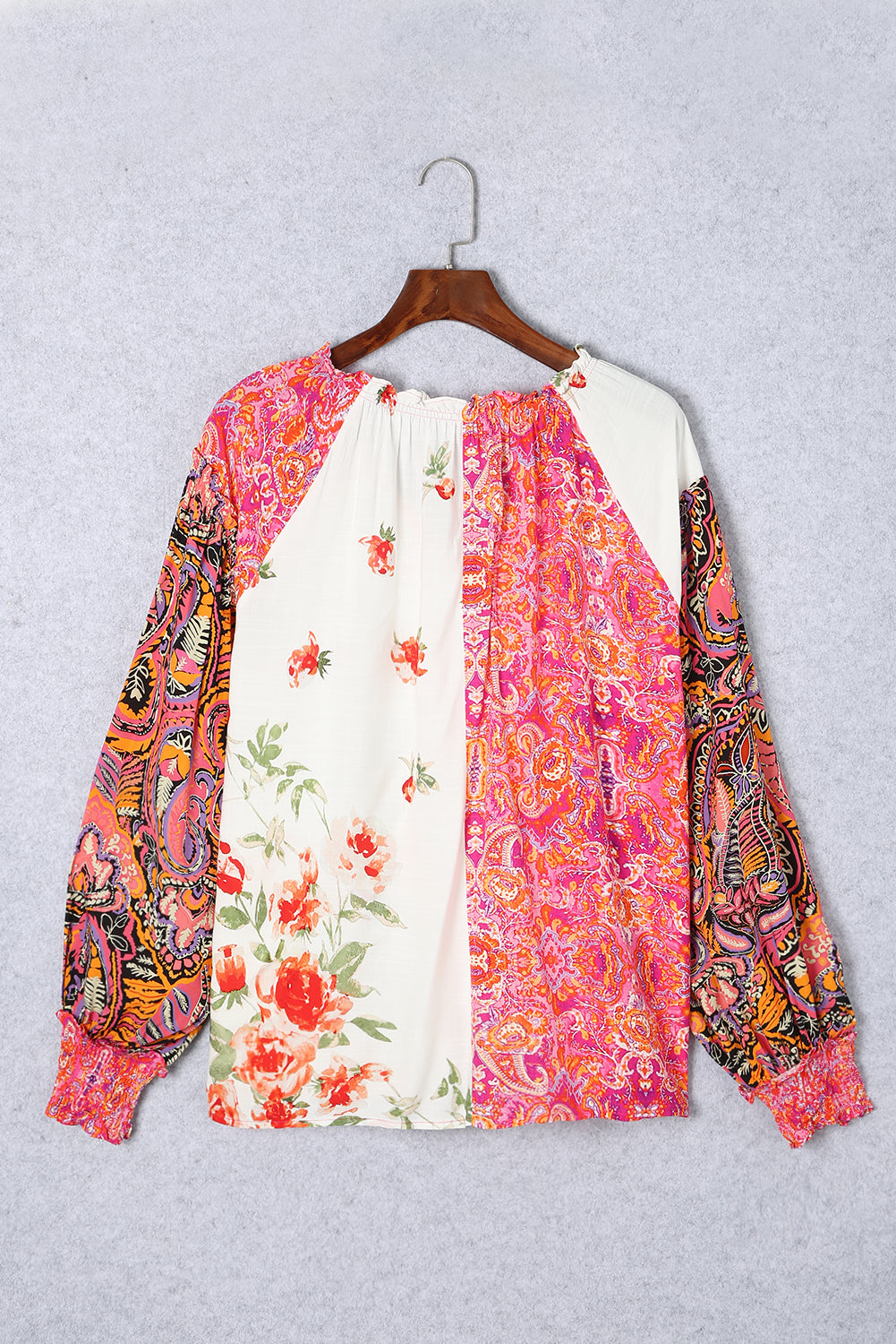 Floral Patchwork Shirred Cuff Buttoned V Neck Blouse