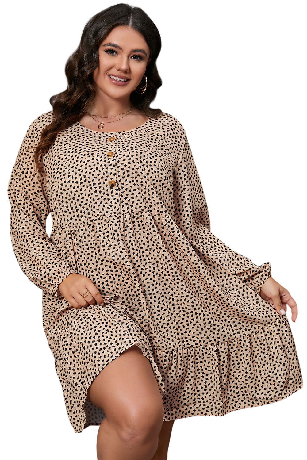 Leopard Spotted Print Tiered Long Sleeve Plus Size Dress