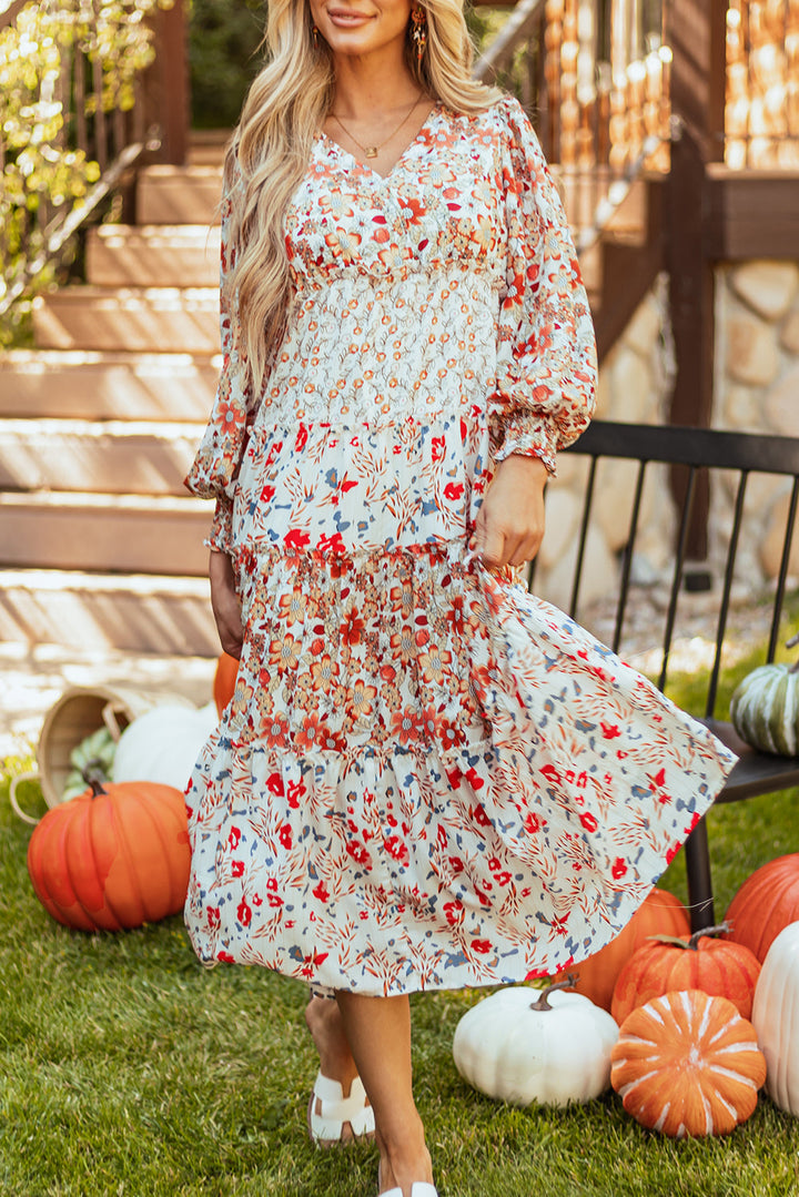 Floral Print Ruffled Tiered Long Sleeve V Neck Midi Dress