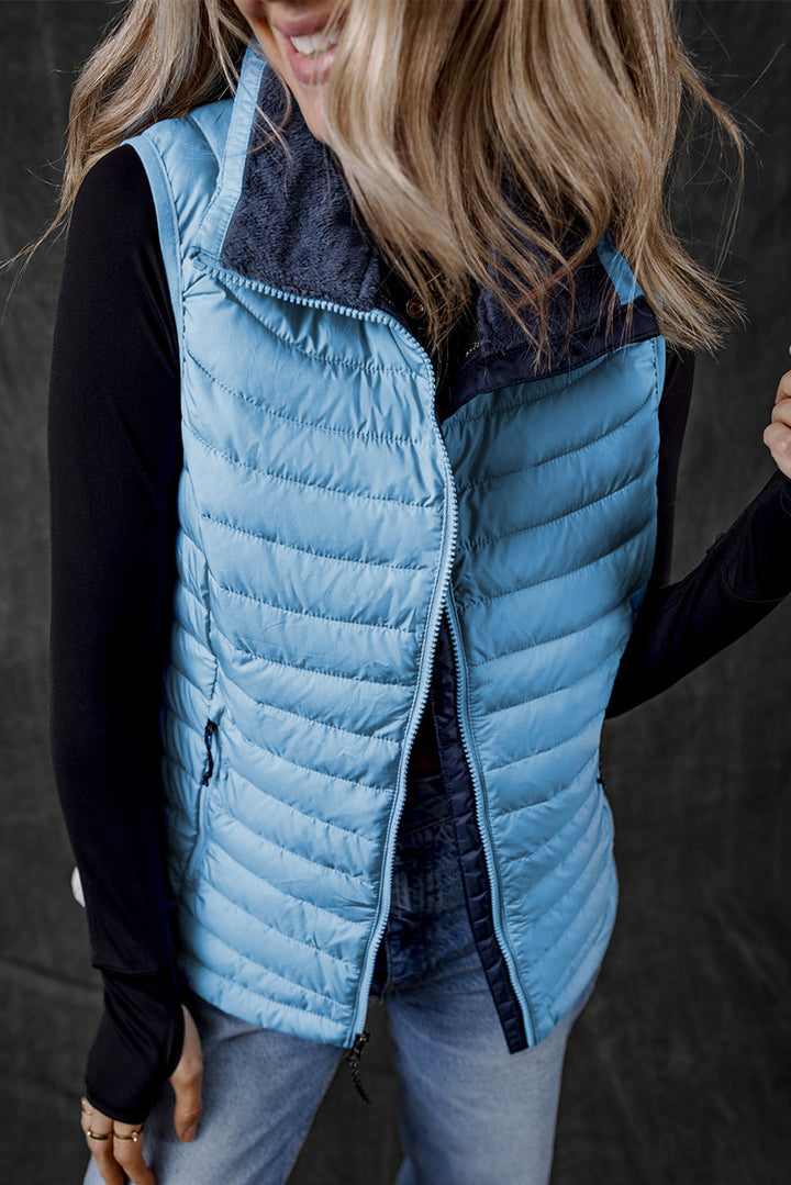 Plush Collared Quilted Zipped Puffer Vest