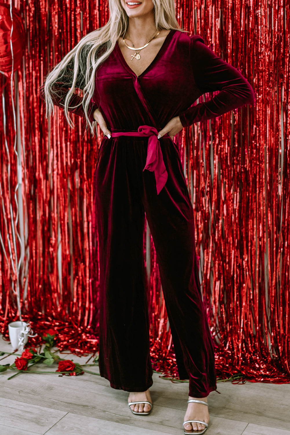 Velvet Pocketed Cut out Back Wide Leg Jumpsuit