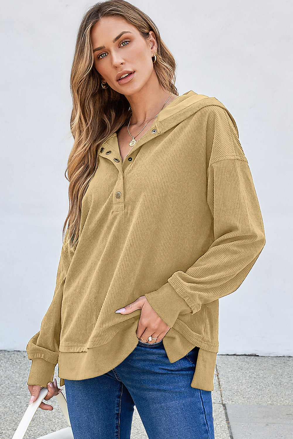 Solid Ribbed Knit Buttoned Drop Shoulder Oversized Hoodie