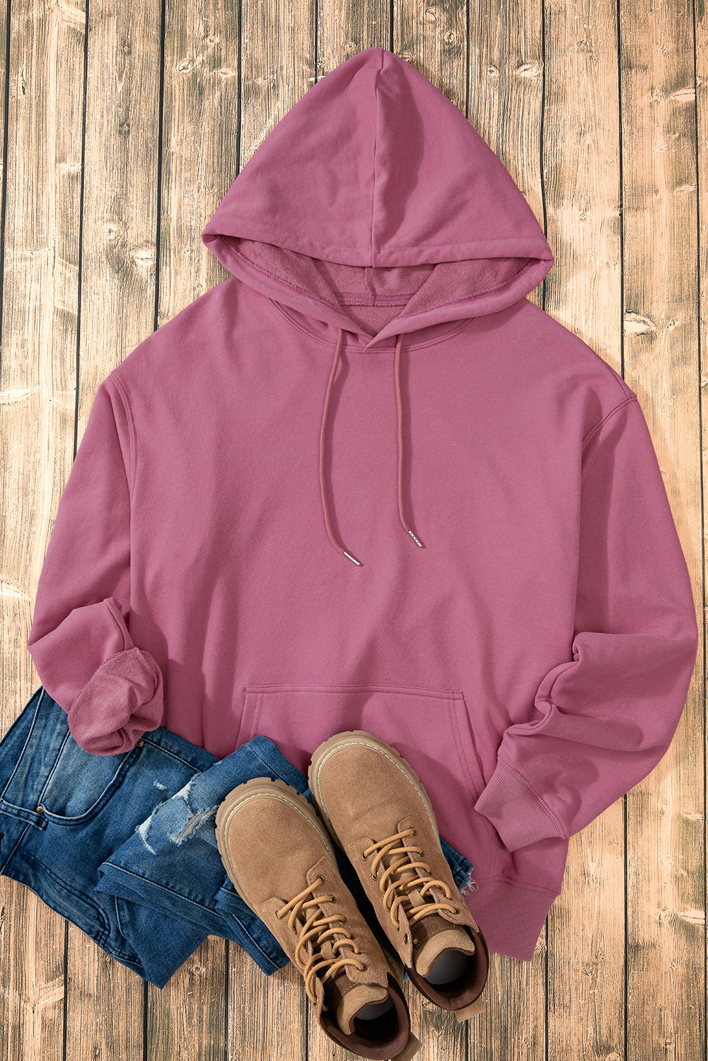 Solid Kangaroo Pocket Drawstring Loose Fit Hoodie