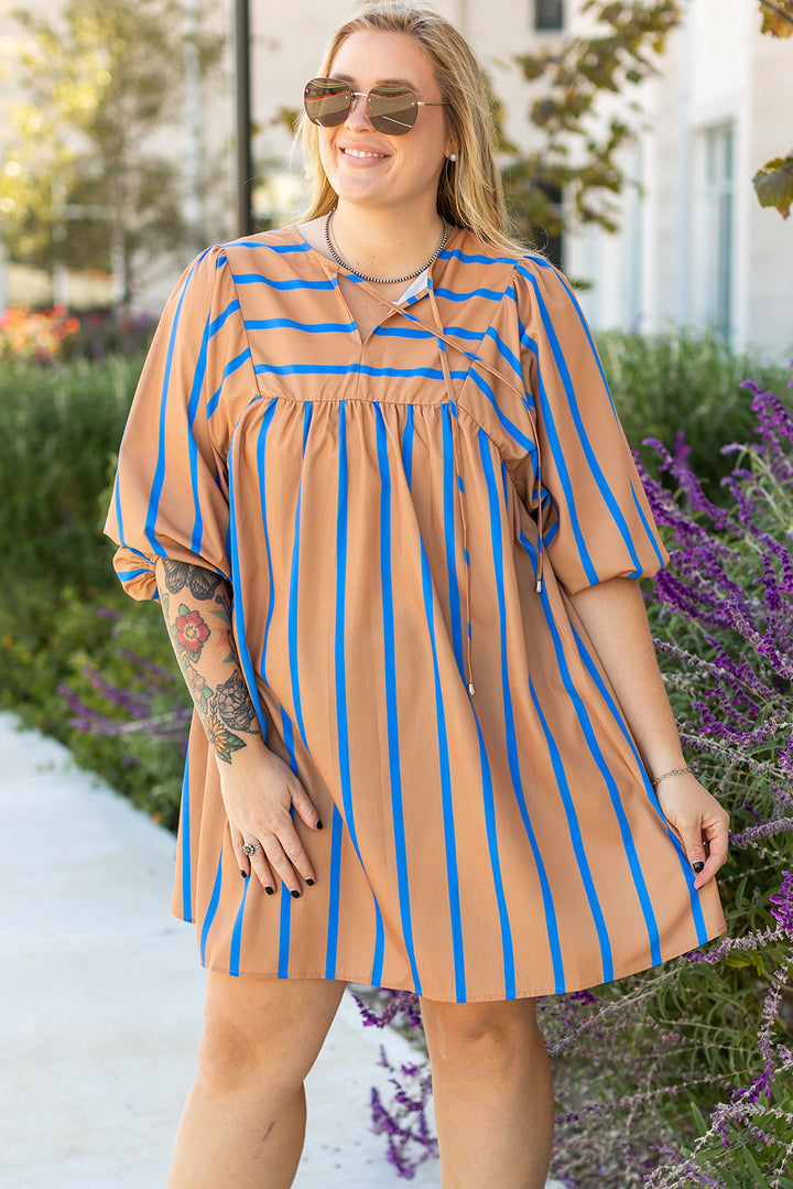 Contrast Striped Print 3/4 Sleeve Babydoll Plus Size Dress