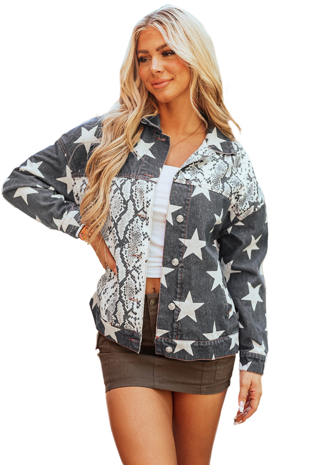 Patchwork-Jeansjacke mit Stern-Schlangenhaut-Print