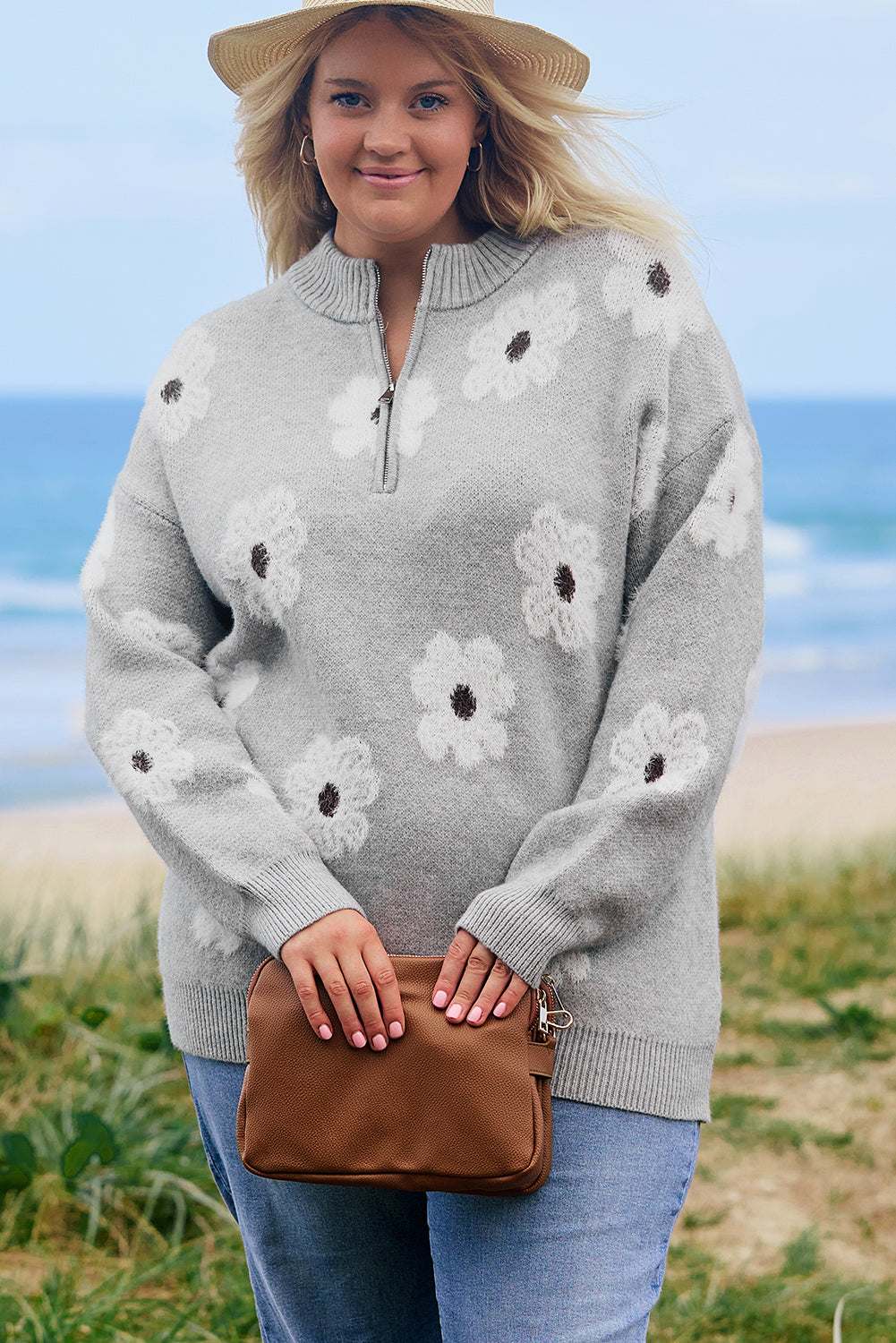 Plus Size Embroidered Floral Pattern Half Zip Sweater