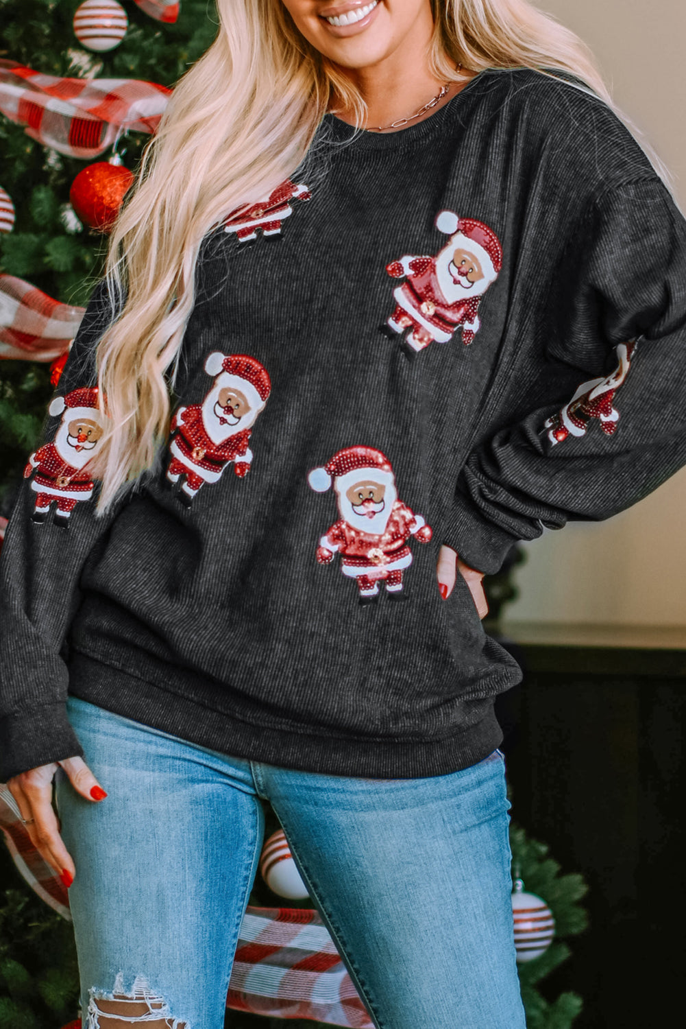 Sequined Santa Claus Graphic Corded Sweatshirt