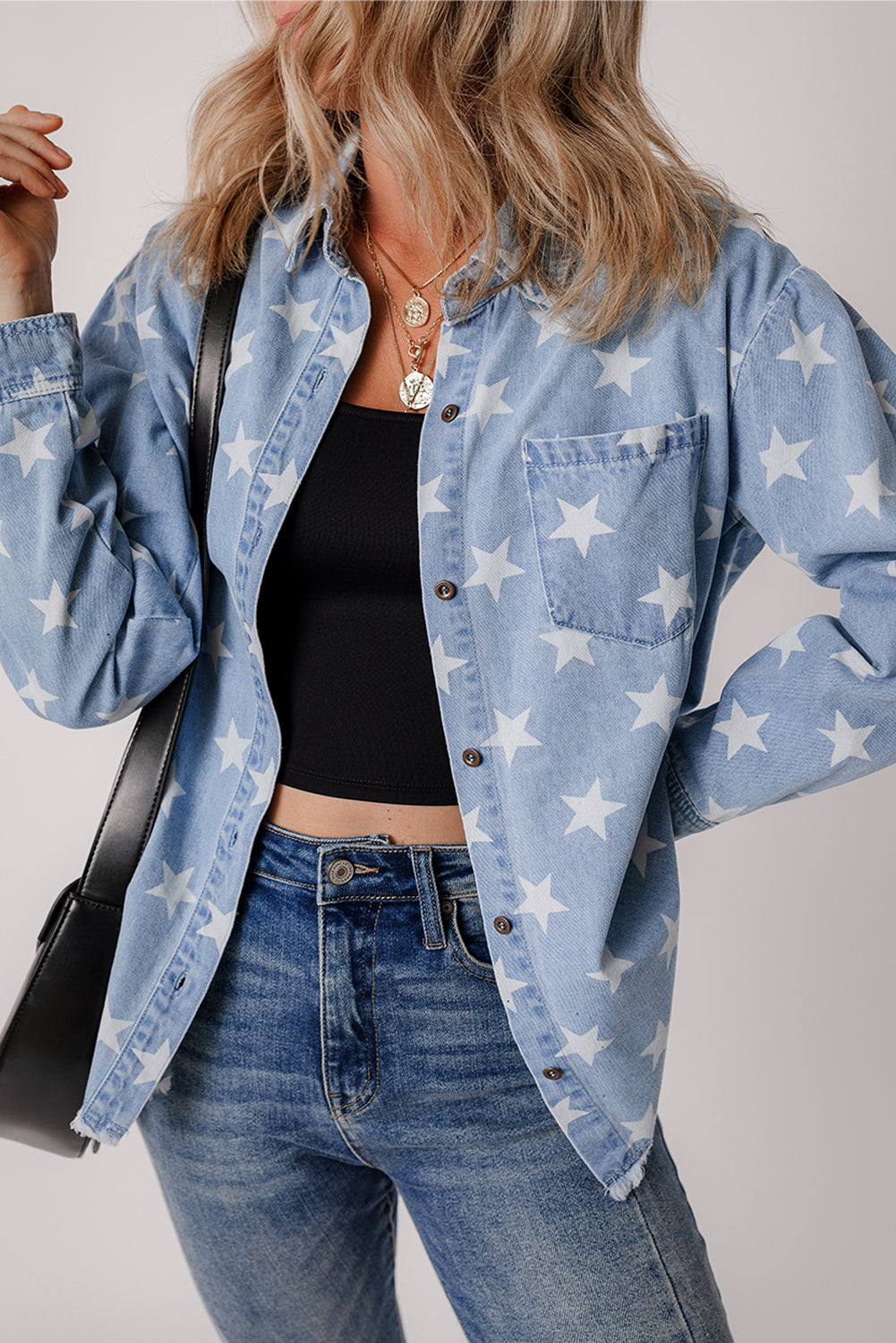 Star Print Light Wash Raw Hem Denim Jacket