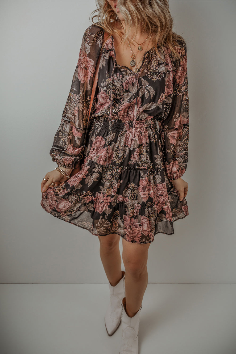 Vintage Floral Puff Sleeve V Neck Smock Waist Dress