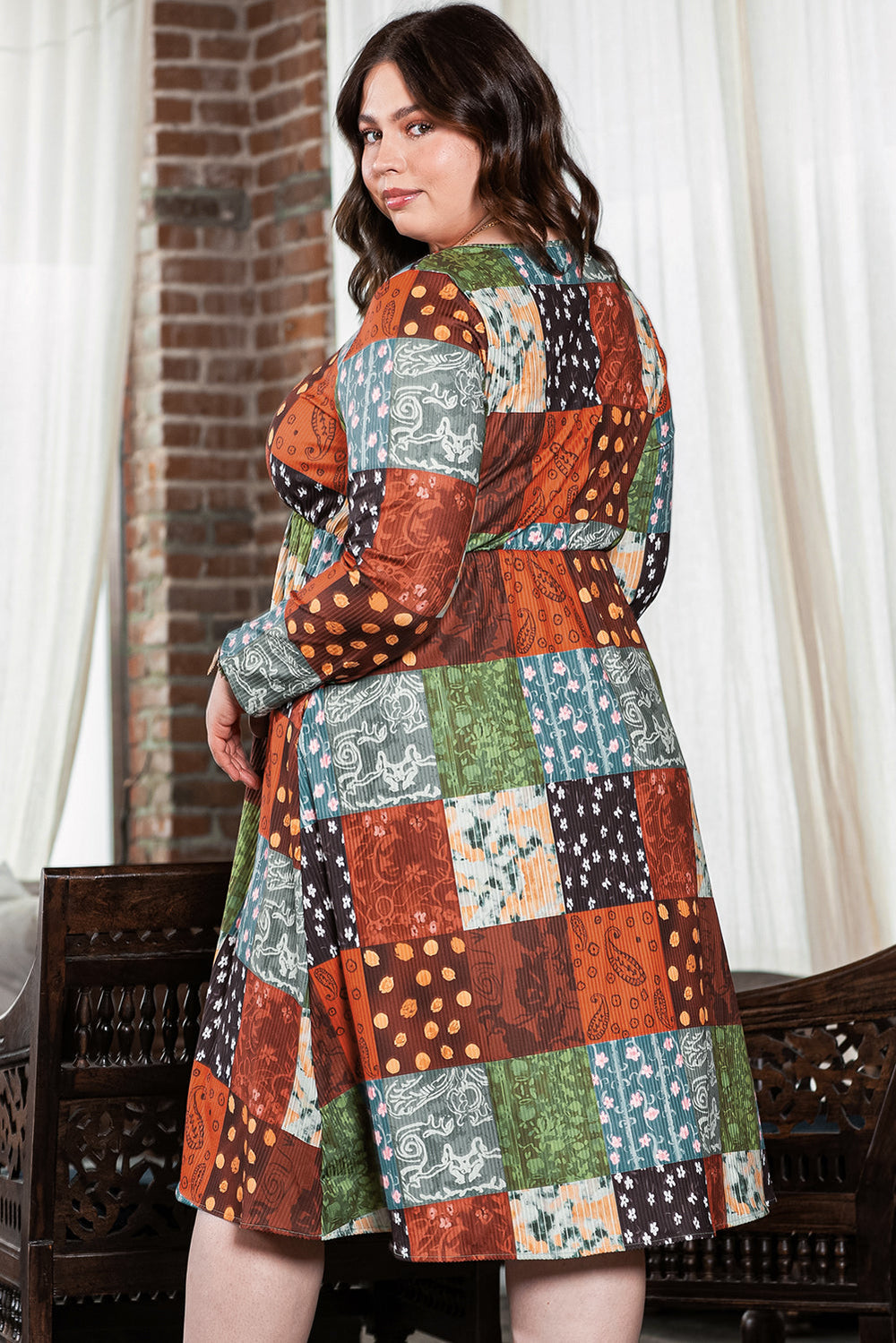 Multicolor Western Checkered Plus Size Swing Dress