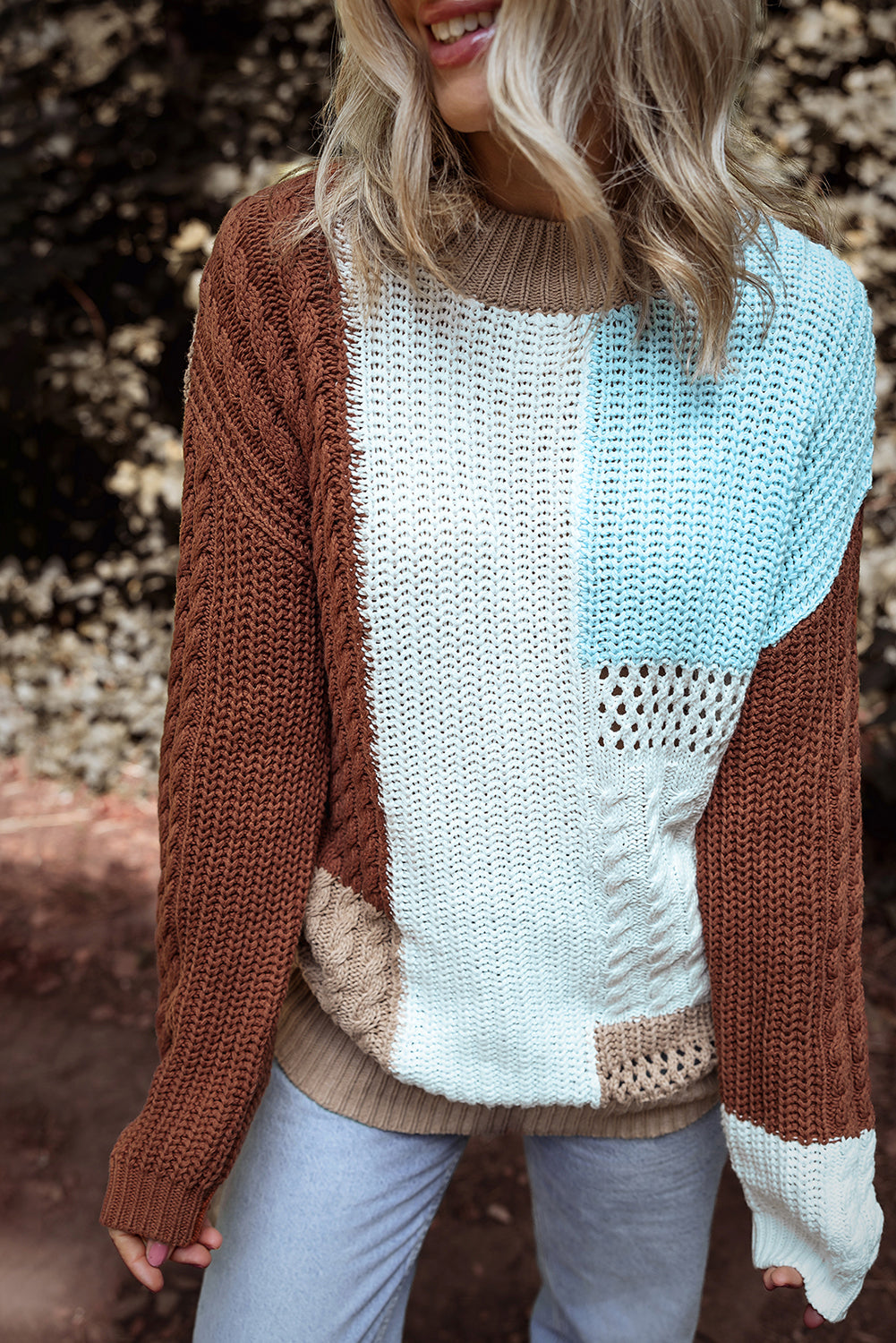 Mix Textured Knit Colorblock Patchwork Sweater