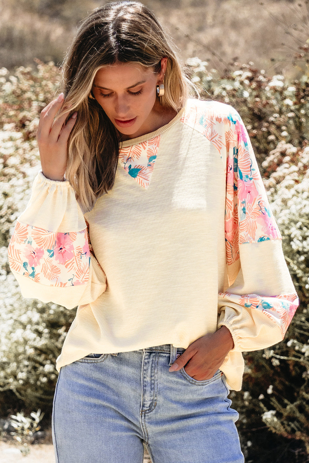 Textured Floral Patchwork Balloon Sleeve Blouse