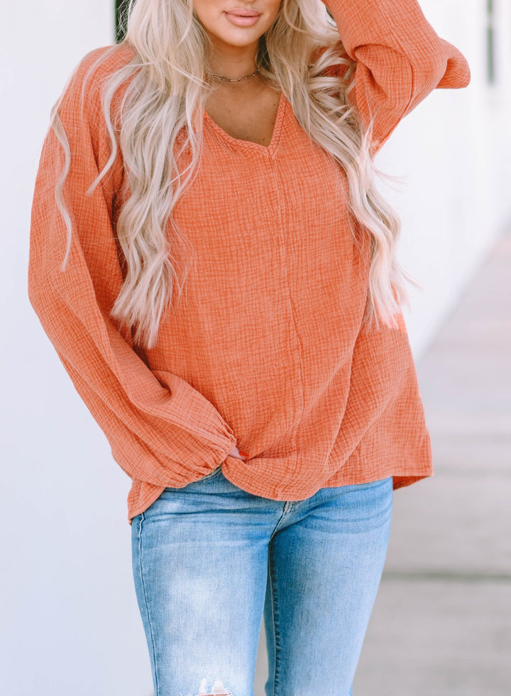 Crinkle Textured Frill Split Neck Puff Sleeve Blouse