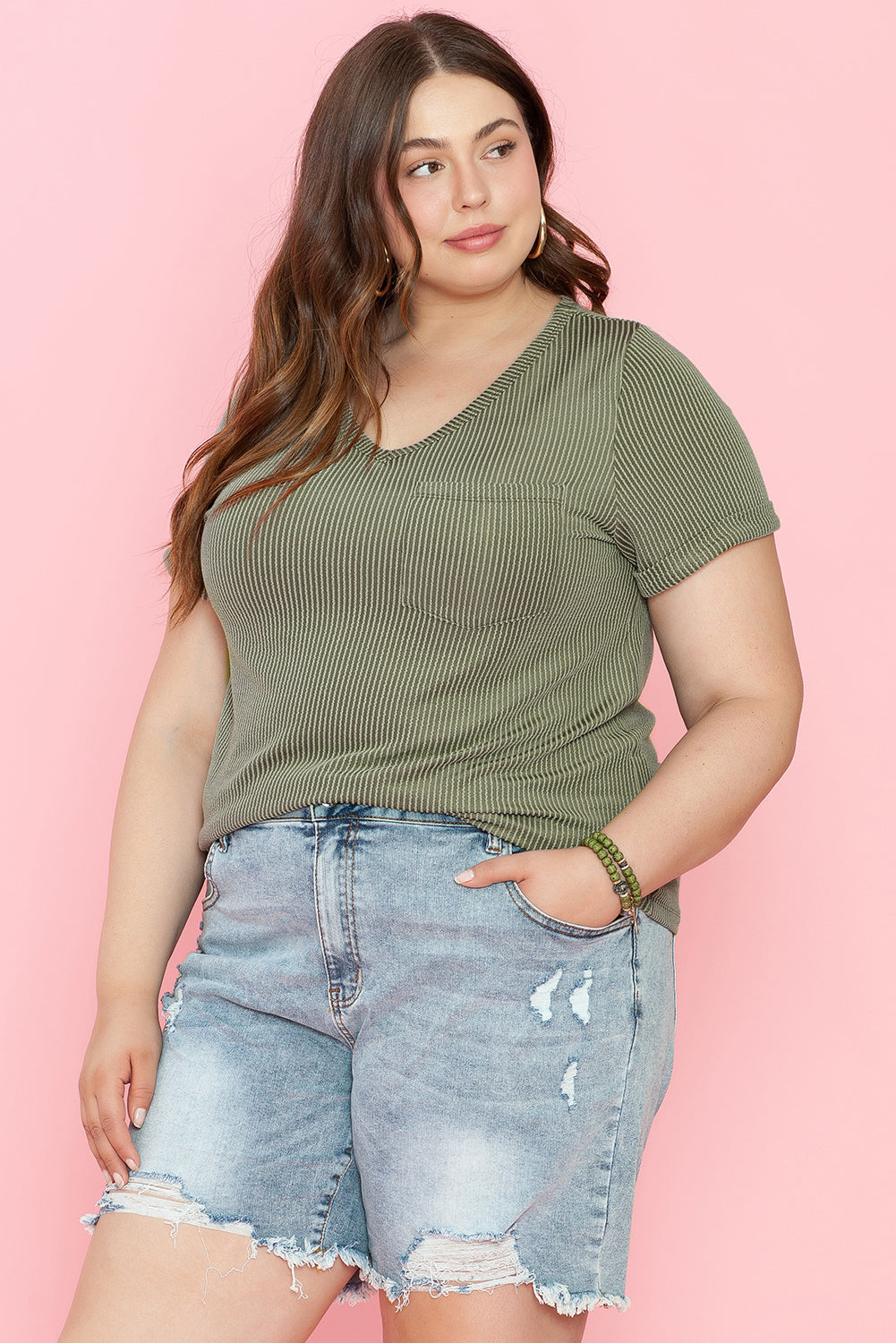 Plus Size Corded V Neck Patch Pocket Tee