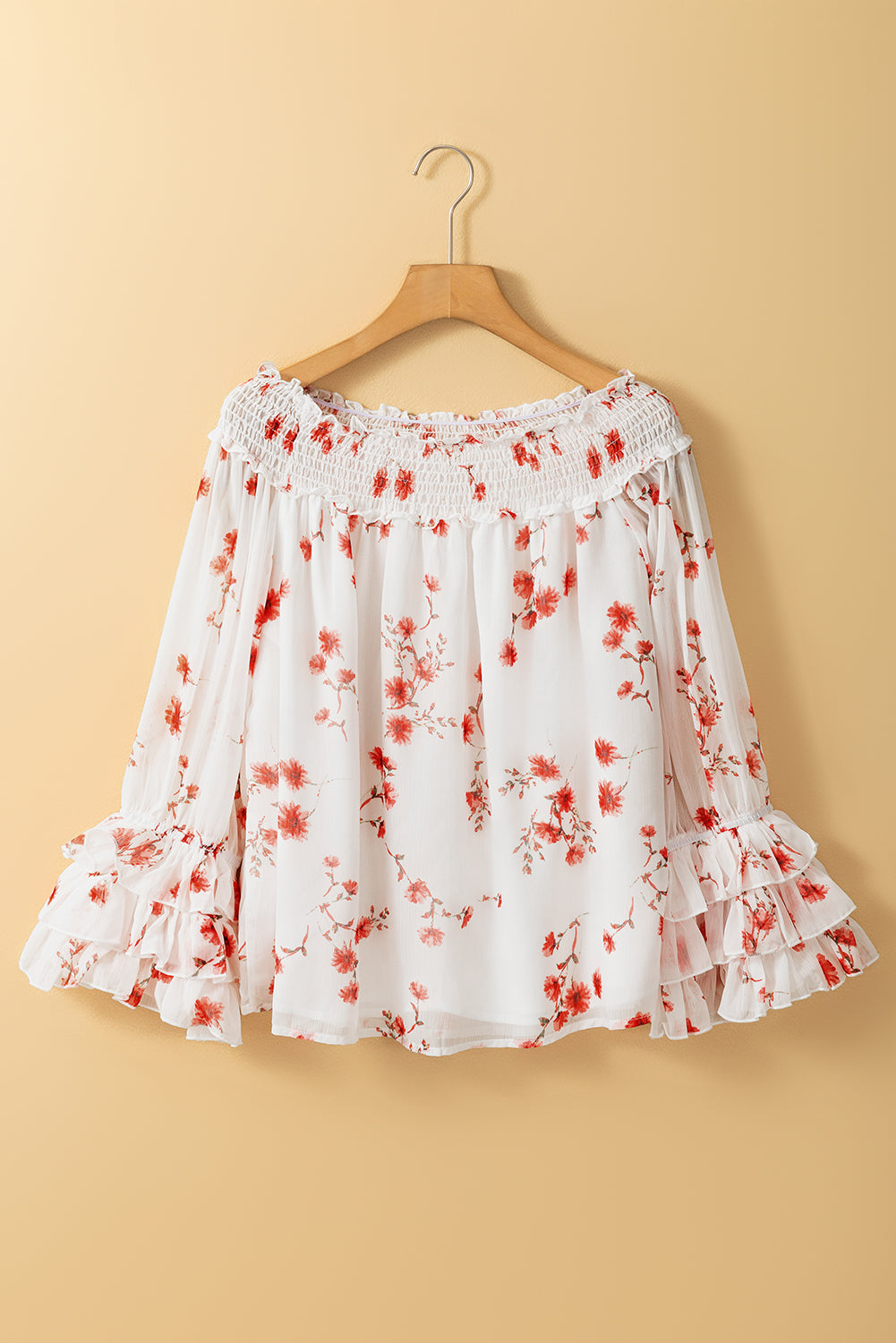 Floral Print Shirred Off Shoulder Ruffled Sleeve Blouse