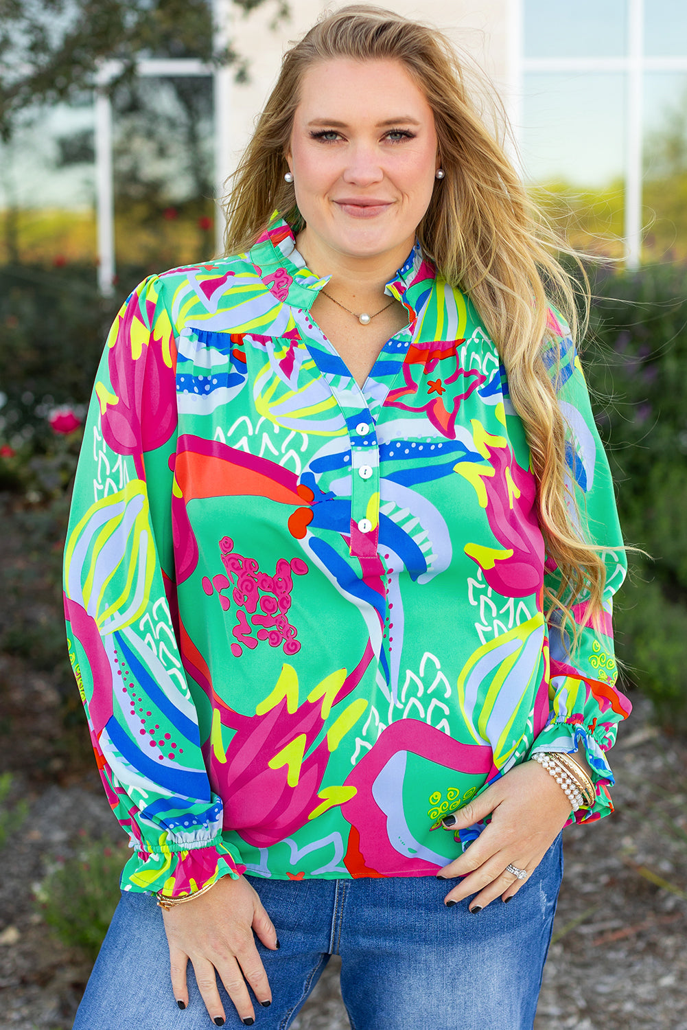 Abstract Printed Flounce Sleeve V Neck Buttoned Plus Size Blouse