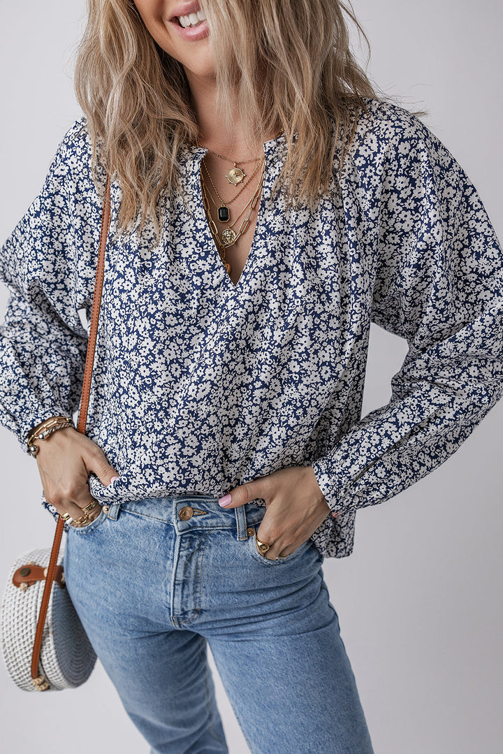 Floral Print Notched V Neck Puff Sleeve Blouse