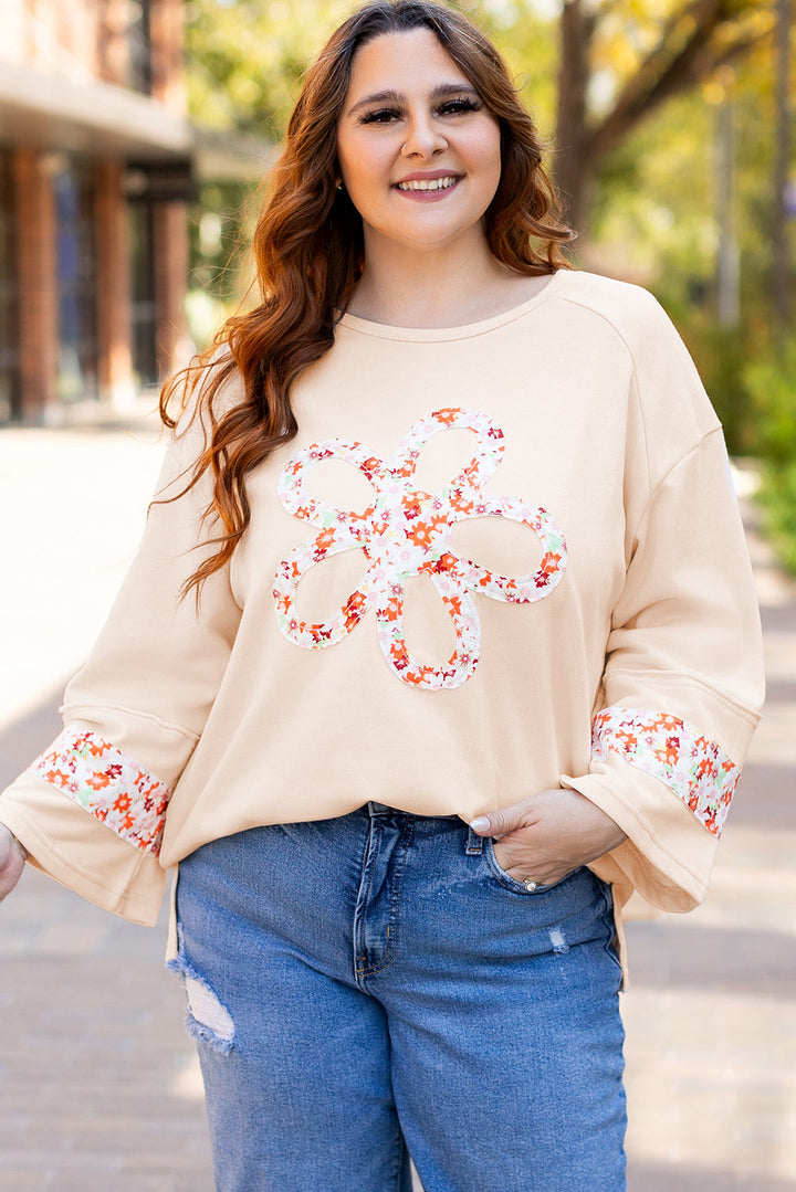 Plus Size Flower Patched Side Slits Crewneck Top