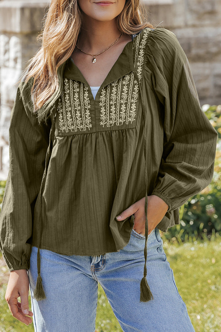 Embroidered Split Neck Pleated Loose Blouse