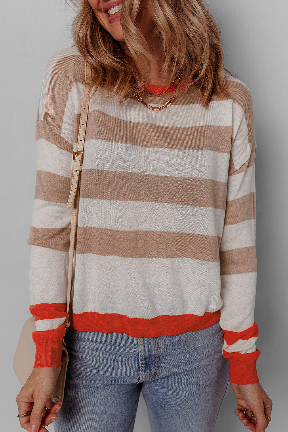 Colorblock Striped Round Neck Drop Shoulder Sweater